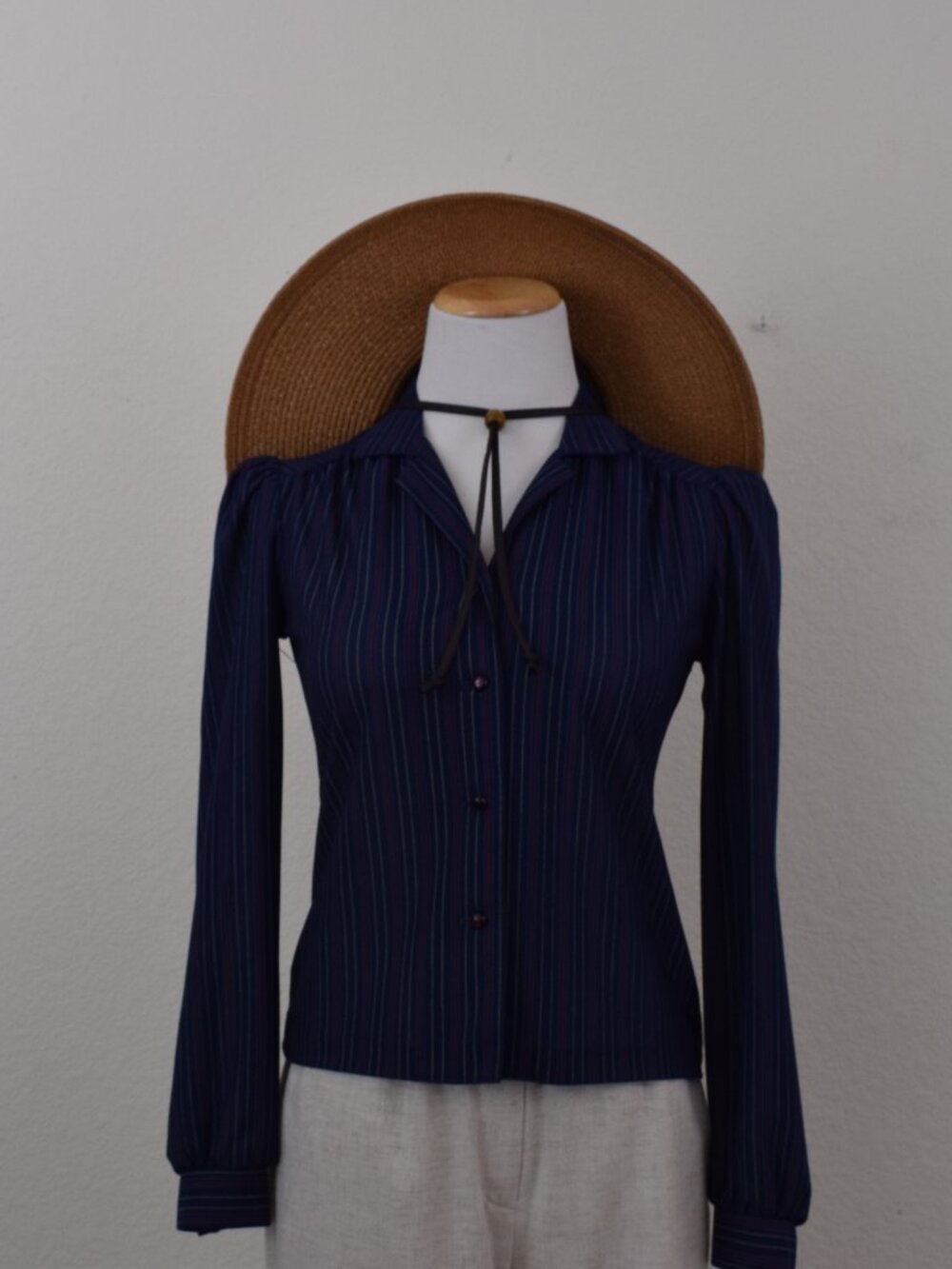 Vintage 70s Navy Polyester‎ Button-up Striped Blouse